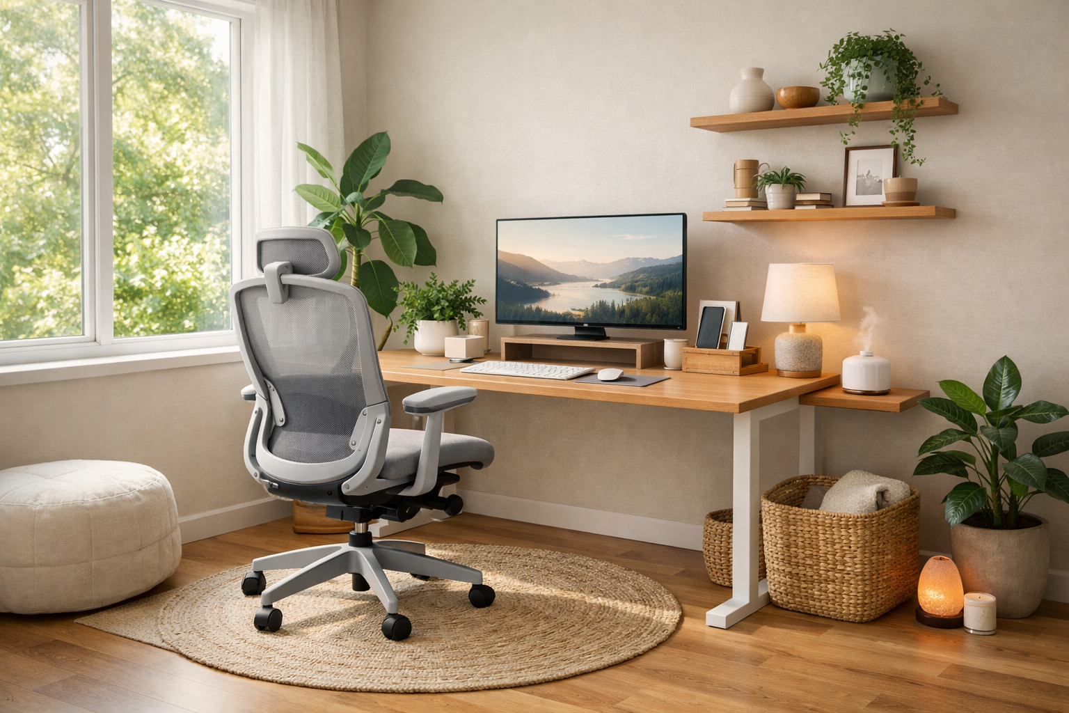 Ergonomic home workspace setup, comfortable chair, proper desk height, natural lighting, wellness-focused interior design, minimal clutter
